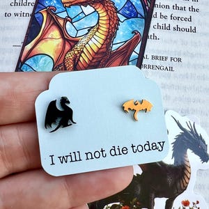 I Will Not Die Today Dragon Fantasy Book Gift set | Book Dragon | Stainless Steel Earrings | Bookmark | Dragon Sticker