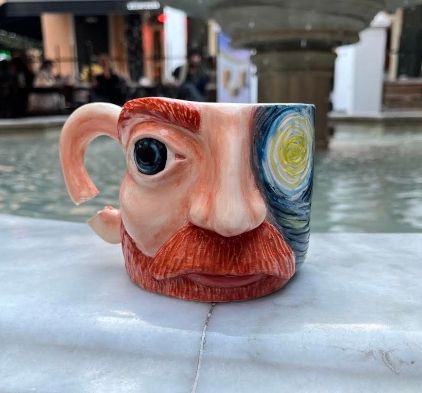 Van Gogh Mug With Broken Handle Starry Night Mug, Personalized Art Gift, Stoneware Mug, Handmade