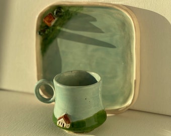 Cute Village House Coffee Mug Ceramic Espresso Cup, Personalized mug, Espresso cup handmade, Custom espresso cup, Stoneware pottery cup