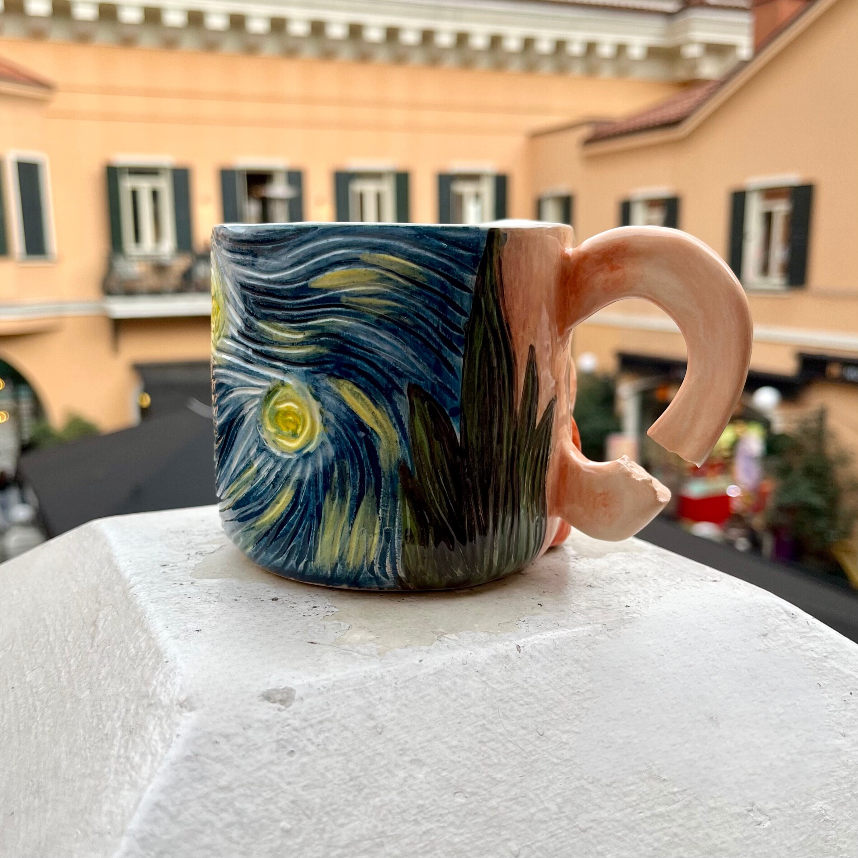 Van Gogh Mug With Broken Handle Starry Night Mug, Personalized Art Gift, Stoneware Mug, Handmade