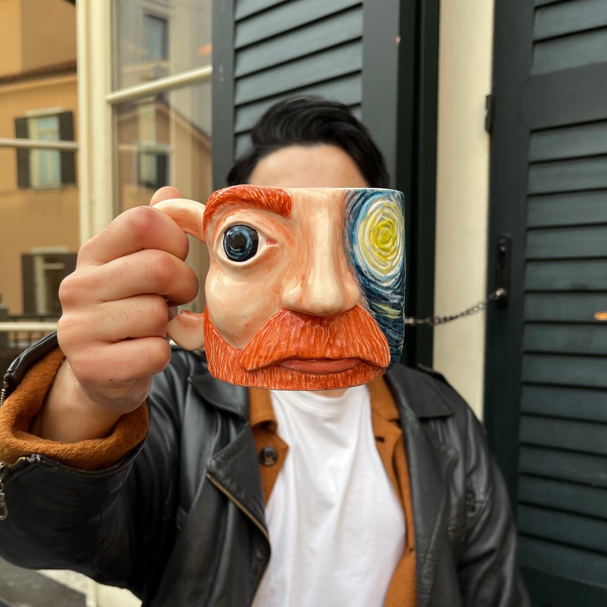 Van Gogh Mug With Broken Handle Starry Night Mug, Personalized Art Gift, Stoneware Mug, Handmade