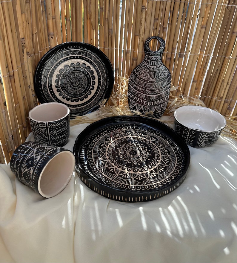 Mandala Ceramic Plate Set, Handmade Personalized Pottery Dinnerware, Handmade Ceramic Dinner Plate, House Warming Gift, Kitchen Decor WHOLE SET