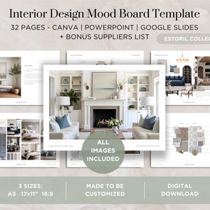 May include: A digital interior design mood board template with multiple pages showcasing design concepts. The template includes 32 pages, is customizable, and comes in three sizes: A3, 17x11 inches, and 16:9. The template is a digital download.