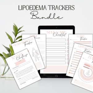 May include: A digital tablet displaying four printable trackers for self-care, habit tracking, and a 30-day challenge. The trackers are designed with a pink and white colour scheme and feature a minimalist aesthetic.
