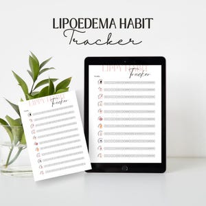 Puede incluir: Una descarga digital imprimible de un rastreador de hábitos para personas con lipoedema. El rastreador tiene un diseño rosa y blanco con un título que dice "Lippy Habit Tracker".