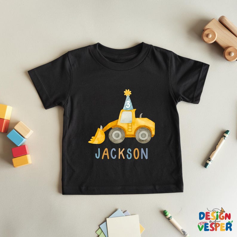 Personalized Construction Birthday Toddler Shirt, Custom Bulldozer Kids Shirt, Construction Lover Kids Tee, Birthday Boy Kids Gift Black