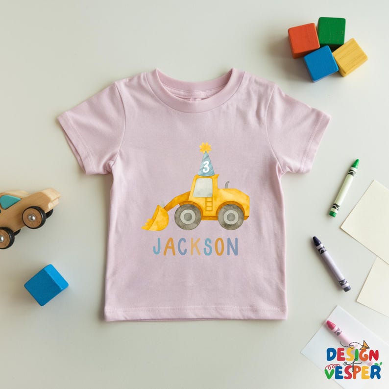 Personalized Construction Birthday Toddler Shirt, Custom Bulldozer Kids Shirt, Construction Lover Kids Tee, Birthday Boy Kids Gift Light Pink