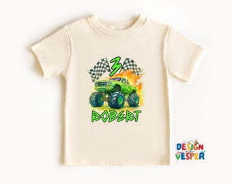 Personalized Monster Truck Birthday Toddler Shirt, Custom Name Boys Birthday Tee, Big Truck Kids Party Outfit, Monster Truck Birthday Gift