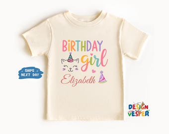 Personalized Birthday Girl Shirt, Cute Cat Birthday Tee, Trendy Elegant Girl Birthday Shirt, Toddler & Kids Celebration Gift, Cute Cat
