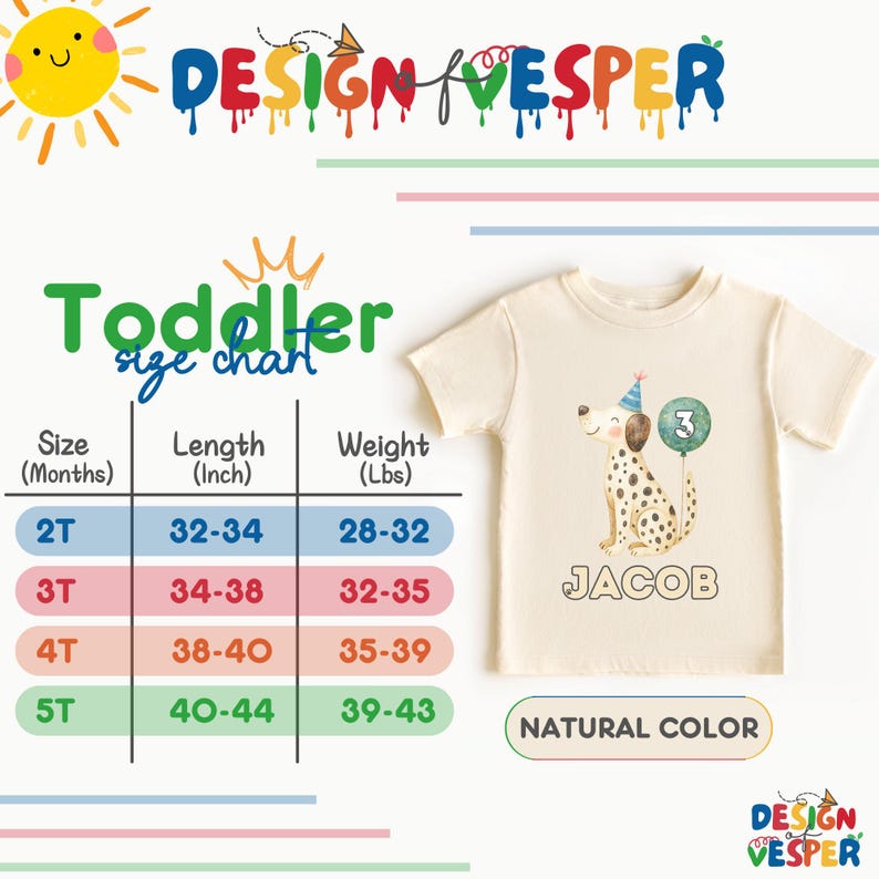 May include: A natural-colored toddler t-shirt featuring a Dalmatian dog wearing a party hat and holding a number 3 balloon. The name "JACOB" is printed below the dog. A size chart shows measurements in inches and pounds.