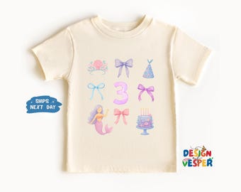 Personalized Age Birthday Girls Shirt, Custom Mermaid Birthday Girls Tee, 4 Year Old Cute Pink Bows Kids Shirt, Birthday Girl Gift