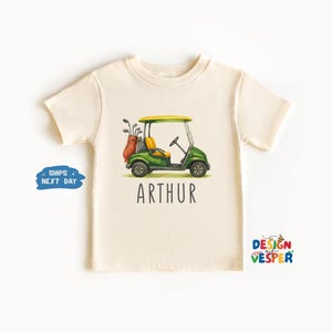 Personalized Golf Cart Toddler Shirt, Custom Kids Name Shirt, Daddy Golfing Buddy Kids Tee, Cute Natural Retro Boho Toddler Tee, Kids Gift