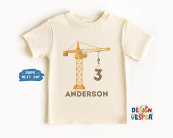 Personalized Construction Birthday Toddler Shirt, Custom Crane Kids Shirt, Construction Lover Kids Tee, Birthday Boy Gift, Natural Kids Tee
