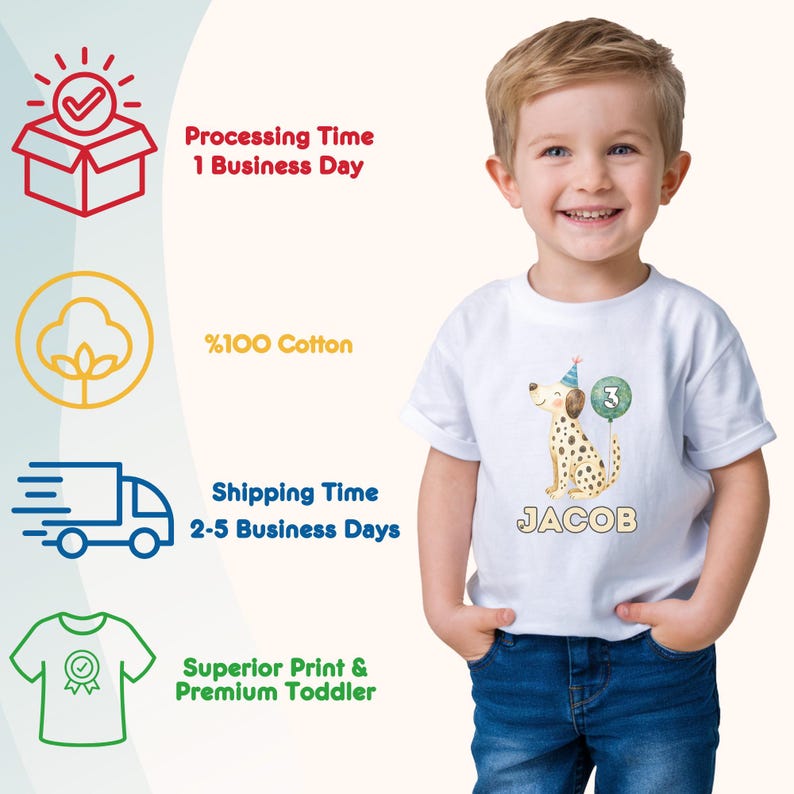 May include: A white toddler t-shirt featuring a watercolor illustration of a Dalmatian dog wearing a party hat and holding a number 3 balloon. The name "JACOB" is printed below the dog.