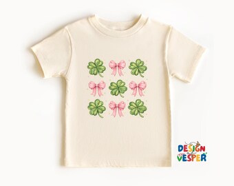 Shamrock And Bow Toddler Shirt, Cute St Patricks Day Outfit For Kids, Clover Pattern Spring Shirt For Girls
