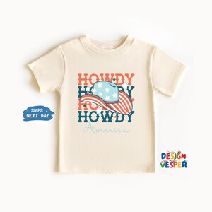 Howdy America Toddler Shirt, Patriotic Cowboy Hat Tee, Western 4th of July Outfit, Cute USA Toddler Clothes, Red White and Blue Kids Shirt