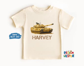 Personalized Military Tank Toddler Shirt, Custom Name Military Vehicles Kids Shirt, Retro Boho Natural Toddler Tee, Tank Lover Kids Gift