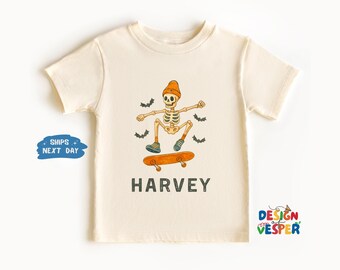 Personalized Skeleton With Skateboard Toddler Shirt, Custom Halloween Kids Shirt, Spooky Kids Tee, Funny Skeleton Toddler Tee,Halloween Gift