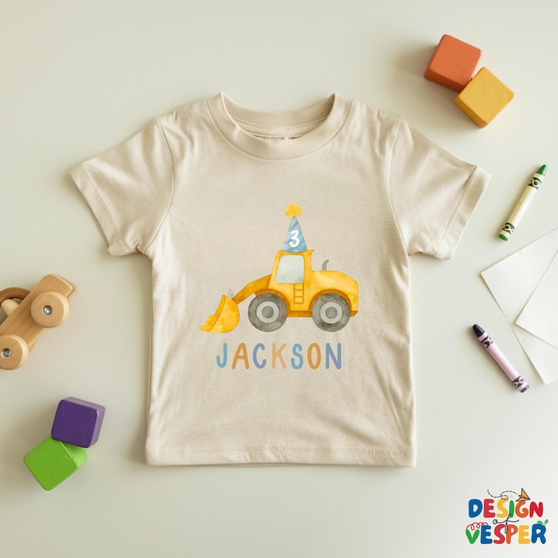 Personalized Construction Birthday Toddler Shirt, Custom Bulldozer Kids Shirt, Construction Lover Kids Tee, Birthday Boy Kids Gift Natural