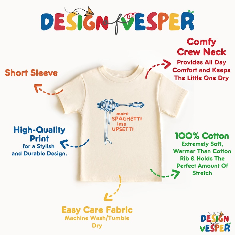 Pu&ograve; includere: T-shirt color crema a maniche corte con grafica di spaghetti e forchetta. La maglietta presenta la scritta "more spaghetti less upsetti". Realizzata in 100% cotone, ha lo scollo tondo. Di Design Vesper.