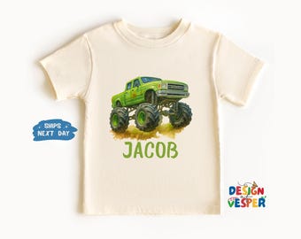 Custom Green Monster Truck Toddler Shirt, Personalized Truck Kids Shirt, Cute Birthday Party Gift, Retro Natural Toddler Shirt, Funny Shirt