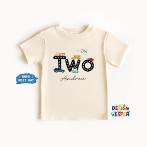 Two Year Old Birthday Shirt, Transportation Toddler Birthday Tee, Custom Name Second Birthday Outfit, Birthday Truck Train Airplane Shirt
