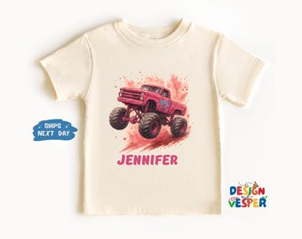 Personalized Girls Pink Monster Truck Toddler Shirt, Custom Truck Kids Name Shirt, Cute Girls Birthday Party Gift, Back To School Kids Tee