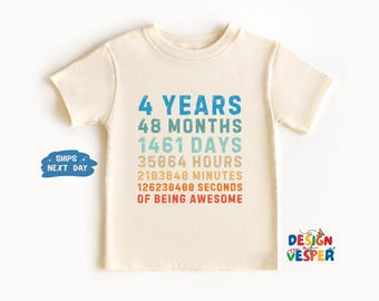 Fourth Birthday Toddler Shirt, 4 Year Old Birthday Kids Shirt, Cute Natural Toddler Tee, Birthday Kids Gift, Retro Kids Shirt