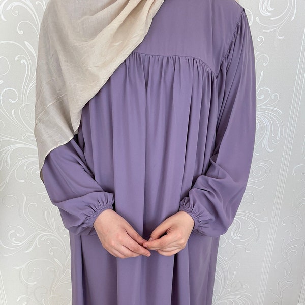 Medina Silk Two-piece Jilbab with Dress, Haj, Umrah Garment & Prayer Set, Dubai abaya, One Piece , Muslim women dress, Abaya Balloon Sleeves