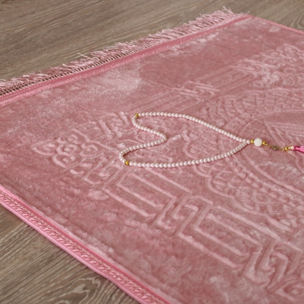 Custom Plush Prayer Rug Velvet Quran Pearl Prayer Beads Muslim Gift Set, Prayer Mat, Sajjadah, Hajj Umrah Gift, Birthday, Wedding, Eid Gift