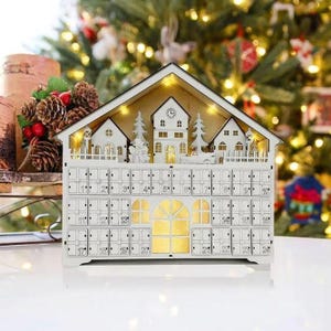 Christmas Wooden Advent Calendar + Wooden White Light Up House
