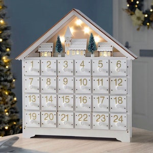Calendario de Adviento de madera navideño + Casa de madera blanca iluminada