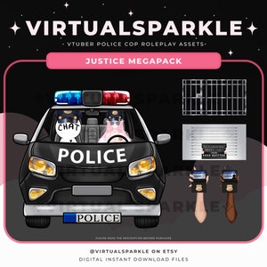 May include: A black police car with a white "POLICE" sign on the front. The car has red and blue flashing lights on top. There are two figures inside the car, one with a pink wig and the other with a black hat. The car is on a black background with white stars.