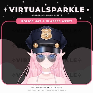 Könnte beinhalten: Eine digitale Illustration eines Anime-Charakters mit rosa Haaren, der einen blauen Polizeihut mit einem goldenen Stern und eine blaue Sonnenbrille trägt. Der Charakter hat Elfenohren und trägt einen weißen Kragen.
