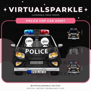 Puede incluir: Un coche de policía negro con un letrero blanco "POLICE" en la parte delantera y trasera. El coche tiene luces rojas y azules en la parte superior. Hay dos personajes de dibujos animados en los asientos delanteros, uno con la palabra "CHAT" sobre su cabeza y el otro con la palabra "YOU" sobre su cabeza.