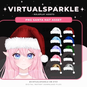 May include: A digital illustration of a pink-haired anime character wearing a red and white Santa hat. The image includes a variety of Santa hats in different colors, including red, blue, green, purple, pink, gold, silver, and black.