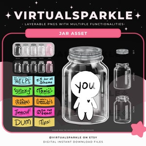 Puede incluir: Ilustración digital de un conjunto de tarros con múltiples funcionalidades. La imagen muestra diferentes diseños de tarros, tapas y etiquetas con texto como "you", "Help!", "Stinky" y "Timeout". El fondo es negro con estrellas blancas y acentos rosas.