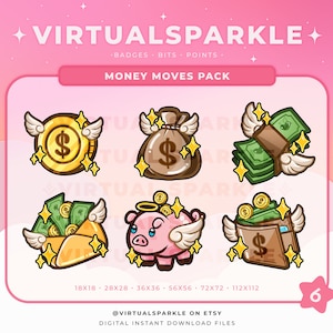 Geld bewegt Twitch Badges | Geld Sub Abzeichen | Münzbits | Sparschwein Kanalpunkte | Geladene Brieftasche Emotes | Geldklammern Abzeichen | 6 Sets