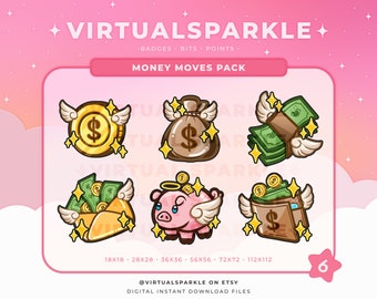 Money Moves Twitch Badges: Coin Bits, Piggy Bank Emotes (6 Sets)