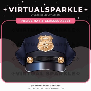 May include: A blue police hat with a gold badge that says "POLICE" and a gold star. The hat has a gold trim and two gold buttons on the front.