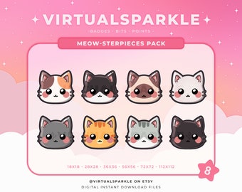 Meow-sterpieces Cat Twitch Sub Badges |  Feline Bits |  Cat Channel Points | Cute Cats Emotes |  Kitty Badges | Pet Sub | 8 Sets