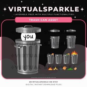 May include: A digital illustration featuring a metallic trash can with a lid, and the word "you" on a white paper inside. The image includes various trash can assets and the text "VIRTUALSPARKLE" and "TRASH CAN ASSET".