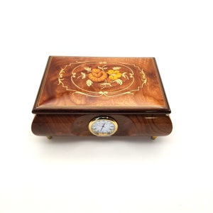 Italian Music Box with Floral Inlay Design with Clock - Alice Sturzinger Music Box