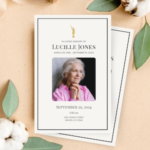 Op de afbeelding: Een witte rouwkaart met een zwarte rand. De kaart toont een gouden silhouet van een vrouw die een duif vasthoudt. De tekst luidt "In liefdevolle herinnering aan Lucille Jones, 29 maart 1948 - 19 september 2024". Een foto van Lucille Jones is opgenomen. De kaart bevat ook de datum en tijd van de herdenkingsdienst, 29 september 2024 om 11:00 uur, en het adres, 1254 Church Street, Denver, CO 12545.