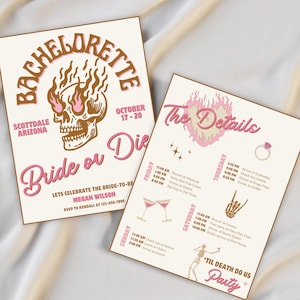 Bride or Die Bachelorette Itinerary and Invite, Til Death Do Us Party, Edgy Skeleton Bach, Rock and Roll Bachelorette, Editable & Printable