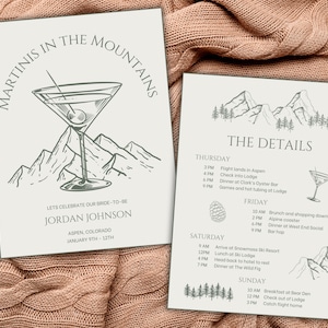 Martinis in den Bergen Bachelorette Reiseweg und Einladung - Mountain Getaway Bachelorette - Cabin Crew Bach Party - See oder Ski Trip