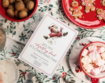 Editable Christmas Party Invitation - Ho, Ho, Hold My Drink - Funny Christmas Party Invite, Drinking, Santa