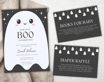 May include: A baby shower invitation set featuring a large white ghost graphic with the text Our Little Boo Is Almost Due, alongside two smaller rectangular cards titled Books For Baby and Diaper Raffle, all set against a dark gray background.