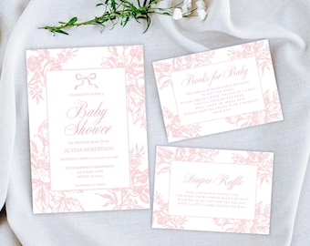 May include: A set of three rectangular paper cards with a light pink floral border. The largest card reads Baby Shower, Alyssa Robertson, and event details. The smaller cards read Books for Baby and Diaper Raffle with additional printed text.
