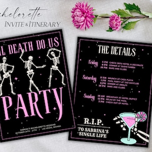 Til Death Do Us Party Bachelorette Itinerary and Invite, Bride or Die, Halloween Bachelorette, Spooky Bach Party, Skeleton Theme, Editable